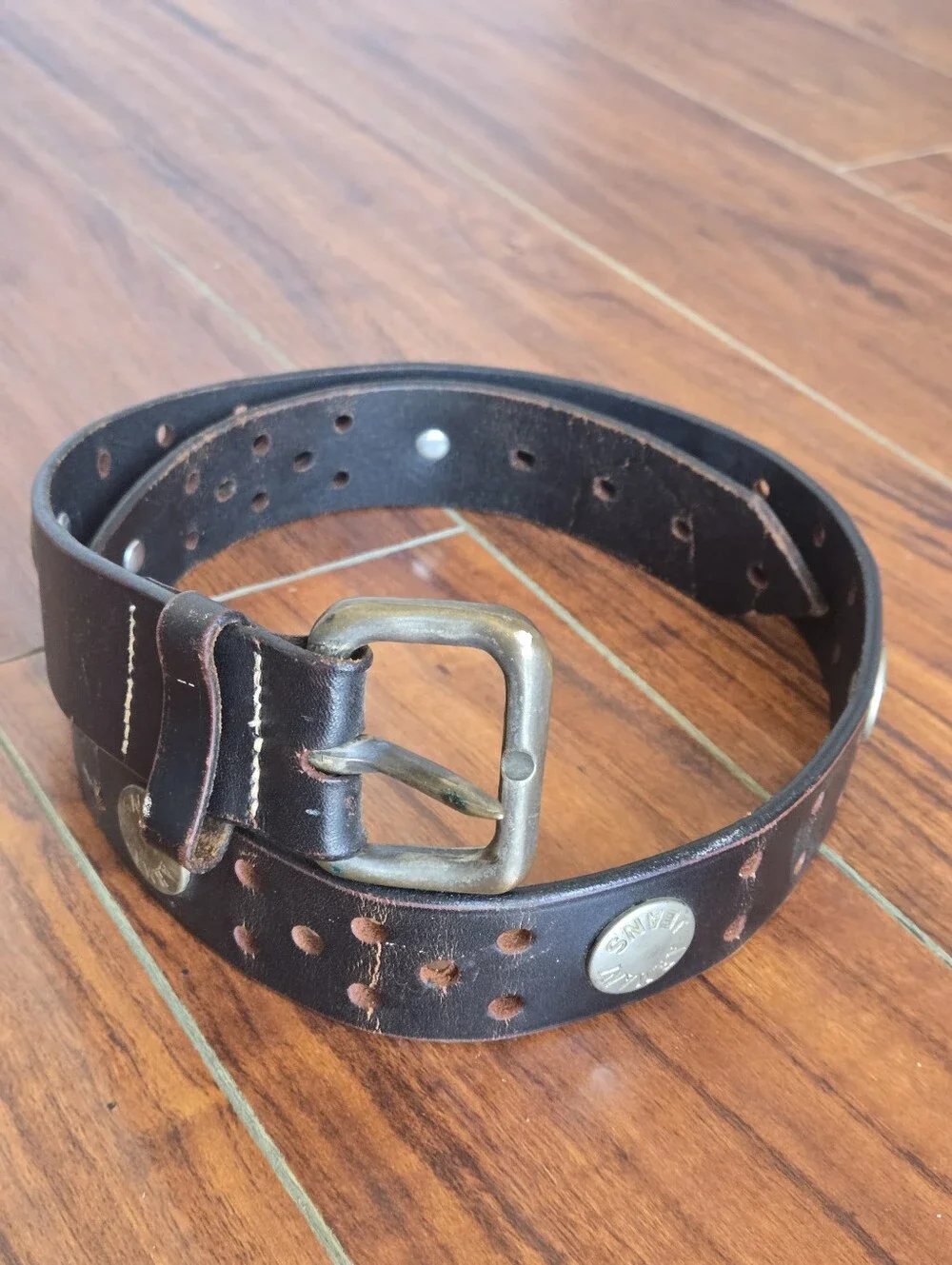 Vintage Armani Distressed Brown Leather Belt Western Grunge Metal Stud Accents